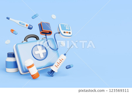 Doctor equipment 3d render banner. Emergency medical service with first aid medicine bag, electronic blood pressure tonometer, thermometer, syringe, pills and drugs on blue background. 3D illustration Doctor equipment 3d render banner. Emergency medical service with first aid medicine bag, electronic blood pressure tonometer, thermometer, syringe, pills and drugs on blue background. 3D illustration 123569311