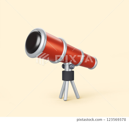 3d telescope on tripod for study astronomy, science discovery, watching stars and planets in night sky or outer space. Astronomical instrument for observation, Cartoon render icon. 3D illustration 123569378