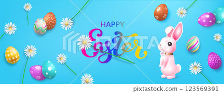 Blue illustration with Easter eggs and a cute pink bunny Blue illustration with Easter eggs and a cute pink bunny 123569391