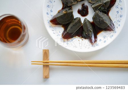 Shaoxing wine for Chinese food appetizer century egg 123569483