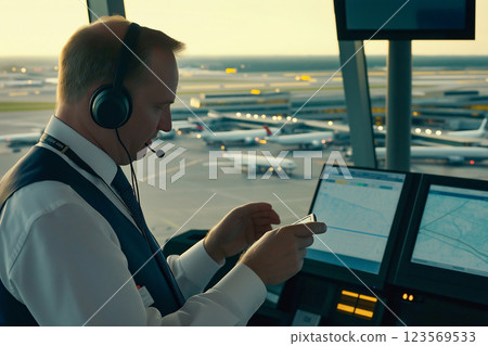 空中交通管制員在機場控制塔內監控飛機的圖片 123569533
