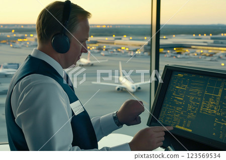空中交通管制員在機場控制塔內監控飛機的圖片 123569534