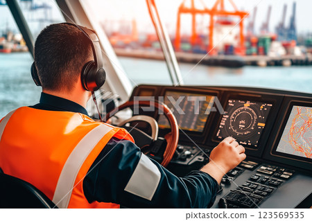 海事代理在艦橋上監控船舶航行的圖像 123569535