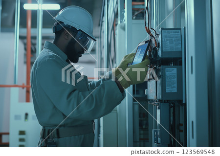 圖：一名電氣工程師正在工廠檢查配電盤 123569548