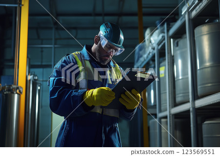 爆炸物處理安全經理檢查工廠設備的圖片 123569551
