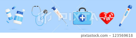 3d medical icon, doctor equipment and pharmacy. First aid medicine bag, stethoscope, thermometer, syringe, bottle with pill and drug, heart beat. Ambulance service, cartoon render set. 3D illustration 3d medical icon, doctor equipment and pharmacy. First aid medicine bag, stethoscope, thermometer, syringe, bottle with pill and drug, heart beat. Ambulance service, cartoon render set. 3D illustration 123569618