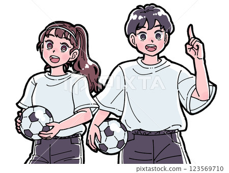 一個男孩和一個女孩拿著足球的插圖 123569710