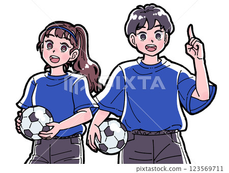 一個男孩和一個女孩拿著足球的插圖 123569711