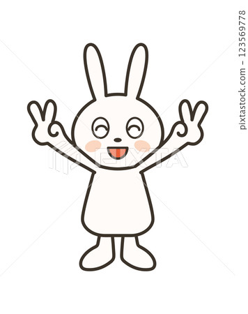 A full-body illustration of a cute rabbit making a double peace sign with a big smile 123569778