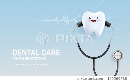 Tooth character with stethoscope is happy. tooth suitable for children dental clinic. tooth character for kids. cute dentist mascot for medical apps, websites and hospital. 123569786