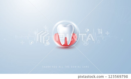 Health dental care concept. male doctor dentist holding dental tooth with icons. medical health and dentistry concept. can be used in children dentist clinic or hospital. 123569798