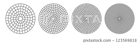 Paved circle pattern tile. Circular brick mosaic. Round radial stone pavement. Paving tile simple floor texture. Black line. Vector illustration isolated on white background 123569818