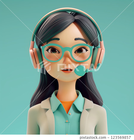 Call center Asian female agent talking. 3d character. Young woman in grey suit with a headset 123569857