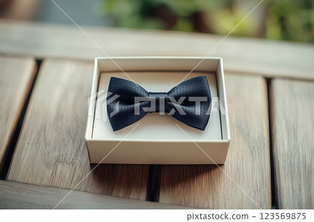 Elegant Black Bow Tie in Box on Wooden Table for Formal and Gift Ideas 123569875
