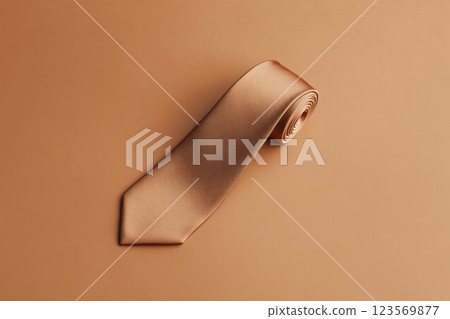 Elegant Rolled Brown Silk Tie on Minimalistic Background for Fashion Design 123569877