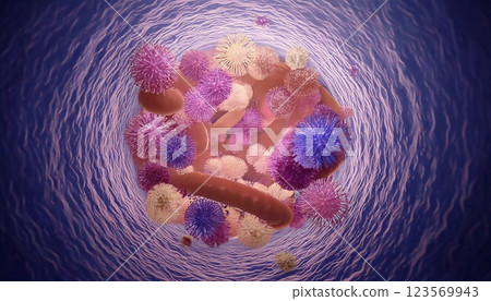 腸道內漂浮的有害腸道細菌增加的影像，腸道環境惡化的 3D 圖示 123569943