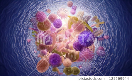 腸道內漂浮的有害腸道細菌增加的影像，腸道環境惡化的 3D 圖示 123569944
