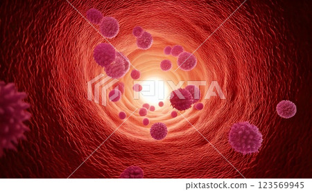 腸道內漂浮的有害腸道細菌增加的影像，腸道環境惡化的 3D 圖示 123569945