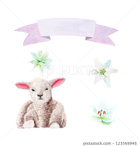 Lamb, lilies, banner watercolor set isolated on white. Clip art perfect for cards, posters, invitations, stickers, Easter, Passover, Holy Thursday, christening, baptism, church decor and design 123569948