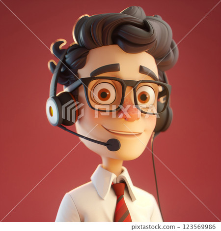 Call center young male agent talking. 3d character. Curly man in glasses with a headset 123569986