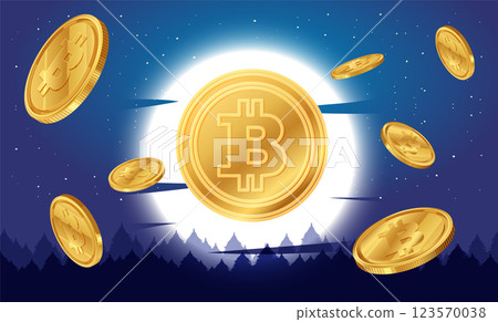 Golden Bitcoins Against a Starry Night 123570038