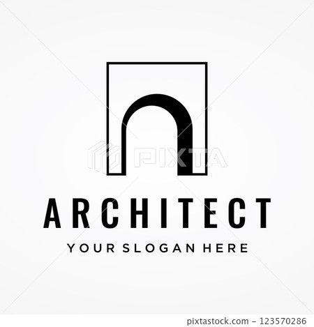 Abstract elements of arch line vector logo, for the construction of doors, windows, buildings and architecture. On a black and white isolated background. 123570286