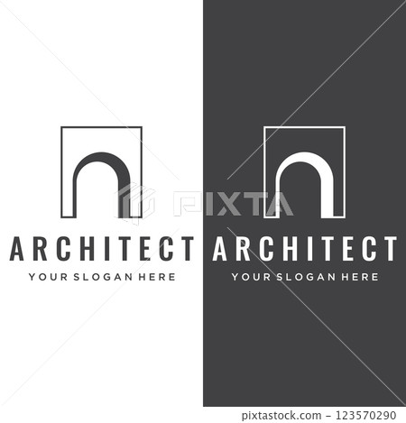 Abstract elements of arch line vector logo, for the construction of doors, windows, buildings and architecture. On a black and white isolated background. 123570290