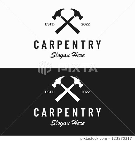 Crossed hammer logo template design for vintage work carpentry tools.Logo for handyman, repair, construction. 123570317