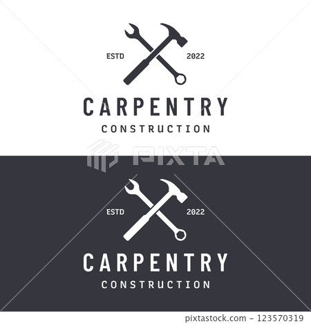 Crossed hammer logo template design for vintage work carpentry tools.Logo for handyman, repair, construction. Crossed hammer logo template design for vintage work carpentry tools.Logo for handyman, repair, construction. 123570319