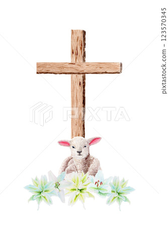 Wooden cross with lily garland and a lamb watercolor composition isolated on white background. Illustration perfect for Easter, Holy Thursday, baptism, church wedding cards, stickers decor design Wooden cross with lily garland and a lamb watercolor composition isolated on white background. Illustration perfect for Easter, Holy Thursday, baptism, church wedding cards, stickers decor design 123570345