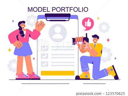 Model Portfolio Vector Illustration featuring a Modeling Agency Manager and a Photographer Taking Photos of a Model on a Platform in a Flat Background Model Portfolio Vector Illustration featuring a Modeling Agency Manager and a Photographer Taking Photos of a Model on a Platform in a Flat Background 123570625