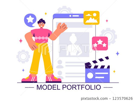 Model Portfolio Vector Illustration featuring a Modeling Agency Manager and a Photographer Taking Photos of a Model on a Platform in a Flat Background 123570626