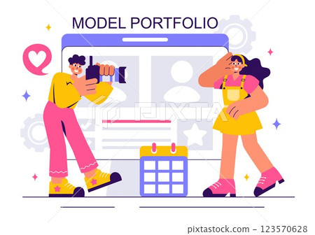 Model Portfolio Vector Illustration featuring a Modeling Agency Manager and a Photographer Taking Photos of a Model on a Platform in a Flat Background 123570628