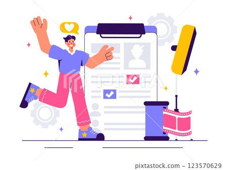 Model Portfolio Vector Illustration featuring a Modeling Agency Manager and a Photographer Taking Photos of a Model on a Platform in a Flat Background 123570629