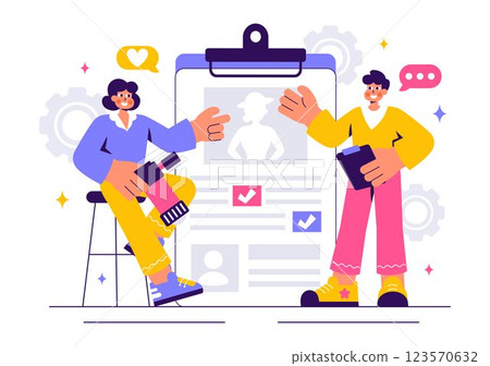 Model Portfolio Vector Illustration featuring a Modeling Agency Manager and a Photographer Taking Photos of a Model on a Platform in a Flat Background 123570632