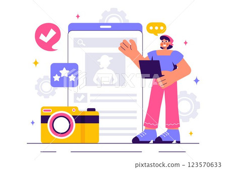 Model Portfolio Vector Illustration featuring a Modeling Agency Manager and a Photographer Taking Photos of a Model on a Platform in a Flat Background 123570633