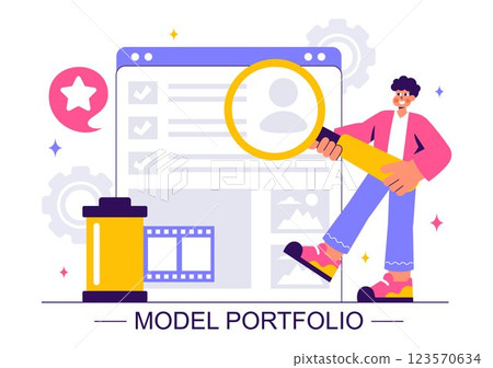 Model Portfolio Vector Illustration featuring a Modeling Agency Manager and a Photographer Taking Photos of a Model on a Platform in a Flat Background 123570634