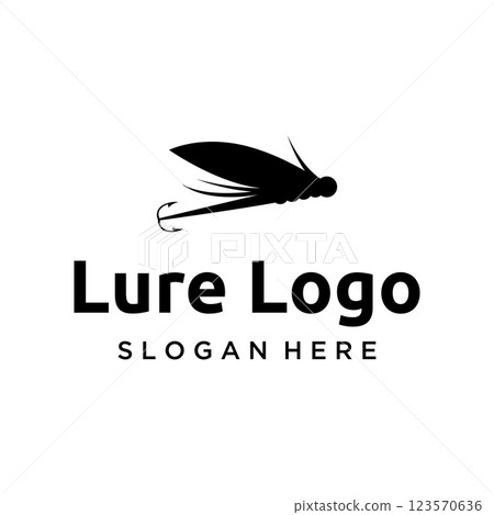 Logo design of fishing bait or fishing lure with hook and fishing rod.Logo for fishing shop, tournament and angler. 123570636