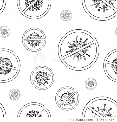 Seamless vector pattern of hand drawn antiviral symbols, including virus cells and protection icons in black and white. Ideal for disinfection sterilization and disease prevention designs Seamless vector pattern of hand drawn antiviral symbols, including virus cells and protection icons in black and white. Ideal for disinfection sterilization and disease prevention designs 123570757
