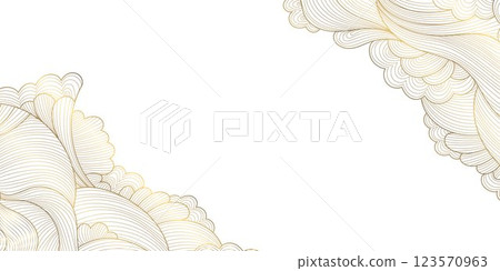 Vector gold and white line wave art, japanese golden clouds, luxury sea ornament at corners. Water oriental banner, river fluid abstract template, wallpaper. 123570963