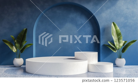 白色和藍色的簡約顯示，幾何形狀，3D 插圖 123571056