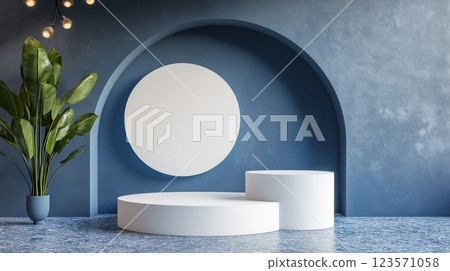 白色和藍色的簡約顯示,幾何形狀,3D 插圖 白色和藍色的簡約顯示,幾何形狀,3D 插圖 123571058