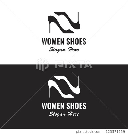 Hand drawn elegant and luxury high heel creative women's shoes creative logo design. Template for business, women's shoe shop, fashion, beauty. 123571239
