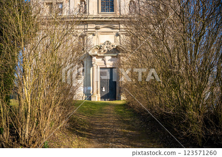 Old cathedral near Neo-Gothic style castle in Chyse, Czech republic 123571260