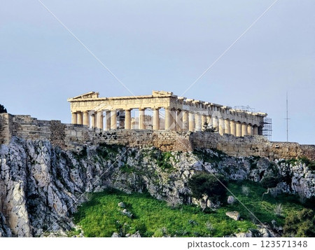 Explore the ancient beauty of the Parthenon standing proudly on the Acropolis in Athens 123571348