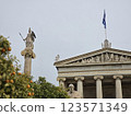 Athena stands guard over the neoclassical Academy of Athens with orange trees in the foreground under a cloudy sky 123571349