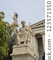 Renowned ancient philosopher statue in Athens with goddess Athena in the background 123571350