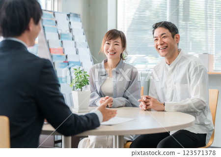 A couple listening to a conversation in a showroom/business negotiation space and a businessman serving them 123571378