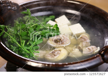 Chicken, watercress and tofu hotpot 123571627