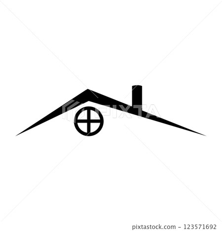 Black Silhouette House Roof with Chimney and Round Window 123571692